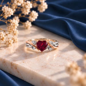 Heart Shaped Ruby Diamond Engagement Ring | 14K Solid Gold Diamond Accent Ring | Two Tone Infinity Twist Statement Ring for Her