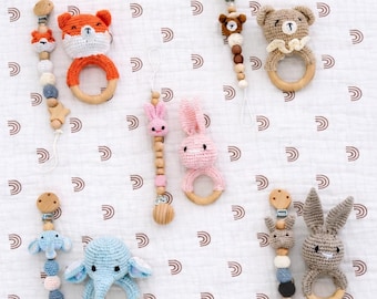 Handmade Crochet Baby Gift Set | Wooden Ring & Pacifier Clip | Neutral Newborn Gift | Baby Shower Present