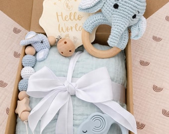 Baby Gift Box, Newborn Gift Set, Neutral Baby Shower Gift, Handmade Crochet Toy, Baby Blanket Gift