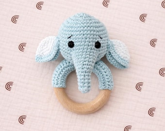 Handmade Crochet Elephant Baby Rattle with Wooden Ring | Neutral Nursery Decor | Newborn Shower Gift.