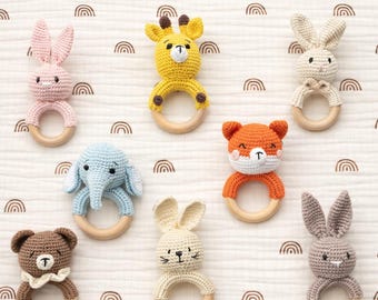 Handmade Crochet Baby Rattle with Wooden Ring | Newborn Present | Neutral Shower Gift.