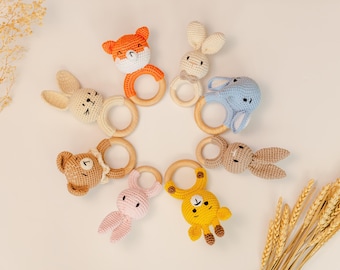 Handmade Crochet Baby Rattle, Natural Wooden Ring, Elephant Bunny Fox Bear Giraffe, Neutral Newborn Gift, Montessori Toy