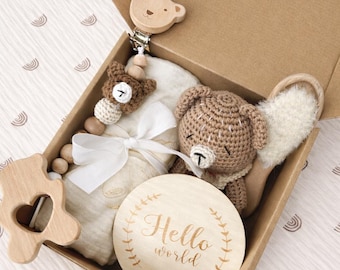 New Parent Gift Set, Neutral Nursery Accessories, Handmade Keepsake Box, Wooden & Crochet Gift Set, Baby Shower Gift