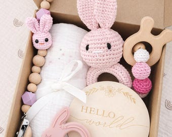 Baby Gift Box with Crochet Bunny | Newborn Gift Set | Neutral Baby Shower Gift | Handmade Keepsake Box