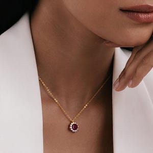 Ruby Red Halo Necklace | 18k Gold Plated 925 Sterling Silver Pendant | July Birthstone Gift