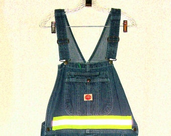 Vintage Denim Overalls Blue Jean Reflective Strip Bibs Hi Vis by Red Kap Men's Size 36 x 30 Utility Work Coveralls Only 14 USD