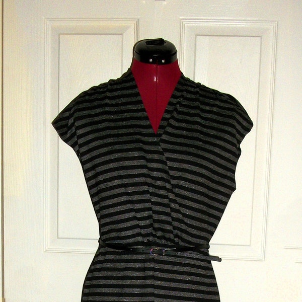 Vintage Black Striped Dress V Neck Short Cap Sleeves by Liz Claiborne Large Only 7 USD