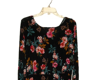 Vintage Black Floral Tunic Top Pullover by Loft Women's Size 8 can be worn as Mini dress Hippie Boho Festival Only 10 USD