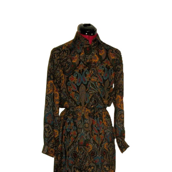 Vintage Brown Floral Paisley Print Skirt w Matching Ruffled Front Long Sleeve Blouse 2 Piece Set by Russ Women's XS Size 4 Only 12 USD