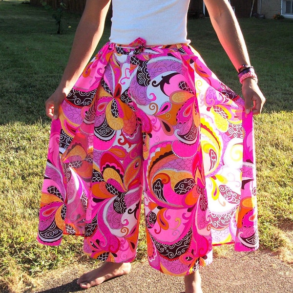 Vintage 1960s 70s Pink Fuchsia Elephant Bells Split Leg Palazzo Pants Extreme Flare Homemade OOAK Hippie Surfer Psychedelic Mod Only 92 USD