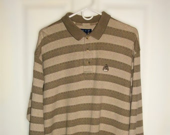 Vintage Rugby Beige & Brown Stripe Long Sleeve Shirt 3 Button Henley by Izod Men's Large Only 5.99 USD