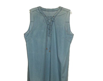 Vintage Chambray Dress Lace Up Front Tie V Neck Blue Jean Denim Jumper Extra Large Only 9 USD