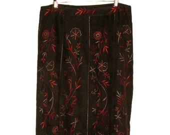 Vintage Brown Faux Suede Ultrasuede Embroidered Maxi Skirt by Dress Barn Women's Size 14 Only 8 USD
