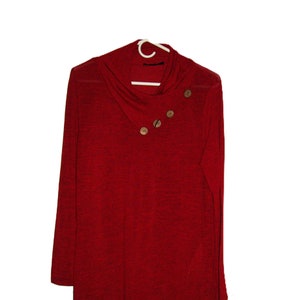 Vintage Red Mock Cowl Neck Tunic Sweater Asymmetric Hem Pullover w Side Pockets Women&#39;s Large Only 6 USD