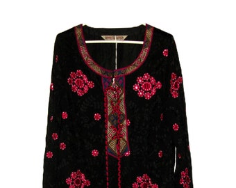 Vintage Black & Pink Tunic Top Embroidered Front Velvet Back Pullover by Savage Culture Women's Large Hippie Boho Festival NOS Only 12 USD