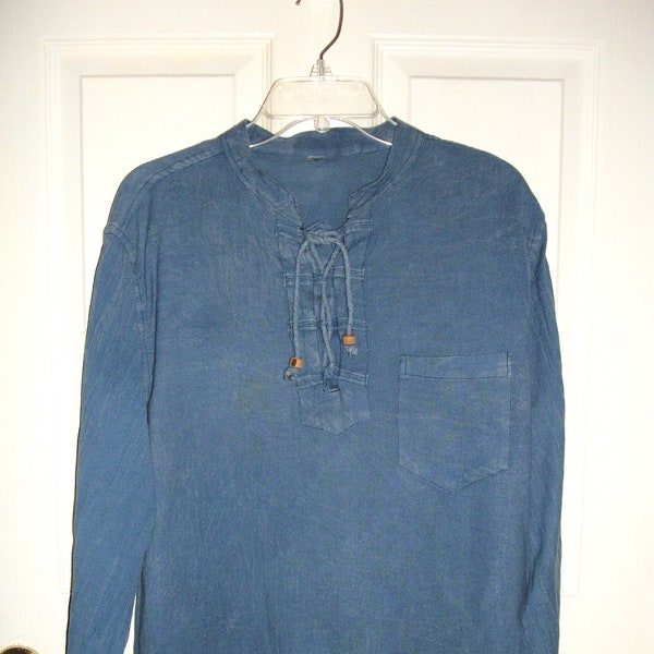 Vintage 1970s Blue Tunic Top Banded lace up Front Large Hippie Boho Gypsy Unisex Festival Wear only 4.99 USD