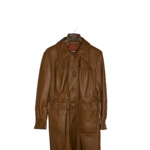 Vintage 1960s 1970s Brown Leather Jacket Trench Coat w Pointed Collar Women&#39;s Medium Only 52 USD