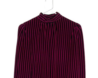 Vintage 1970s Purple & Black Striped Blouse High Neck Back Button Long Sleeves Kasper for A.S.L. Size 6 Only 5.99 USD