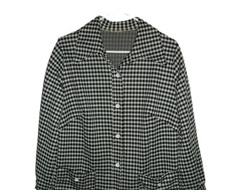 Vintage 1970s Black & White Houndstooth Blazer Wide Pointed Collar Jacket with Pockets OOAK Homemade Women's Large Only 12 USD