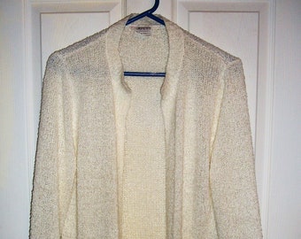 24 CENT SAlE Vintage Cardigan Cream Off White Open Front Boucle knit Sweater Jacket POCKETS by Jeana Large was 10 Now 24 CENTS