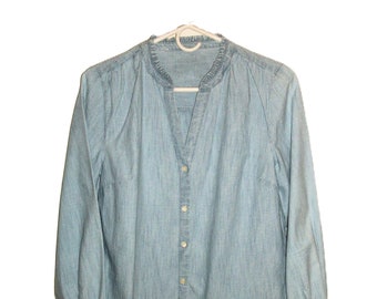 Vintage Blue Jean Blouse V Neck Ruffled Collar Chambray Denim Shirt Small Only 5.99 USD