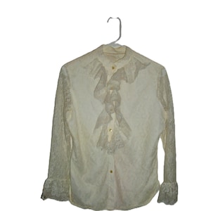 Vintage 1960s Cream Off White Lace Blouse Ruffled Jabot Front Women's Small Victorian Revival Only 9 USD
