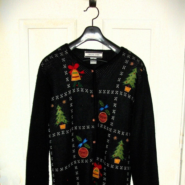 SAlE 50% OFF Vintage Black Cardigan Holiday Ugly Christmas Sweater w Bells, Christmas Trees & Ornament Appliques Crystal Kobe Small 5.99 USD
