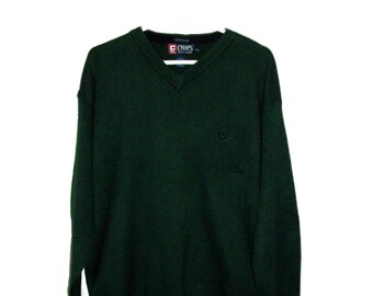 Vintage Green Pullover V Neck Sweater 100% Cotton Hand Framed Jumper Chaps by Ralph Lauren XL Extra Large Only 7.99 USD