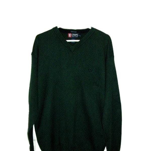 Vintage Green Pullover V Neck Sweater 100% Cotton Hand Framed Jumper Chaps by Ralph Lauren XL Extra Large Only 7.99 USD