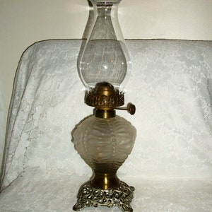 Antique Oil Lamp Victorian Era Frosted Swag Glass, Metal Silver & Gold Pedestal Base w/ Brass Burner 1899 Patent made circa 1900 Only 56 USD