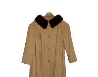Vintage 1950s Beige Cashmere Coat w/ Mink Collar Small Only 45 USD