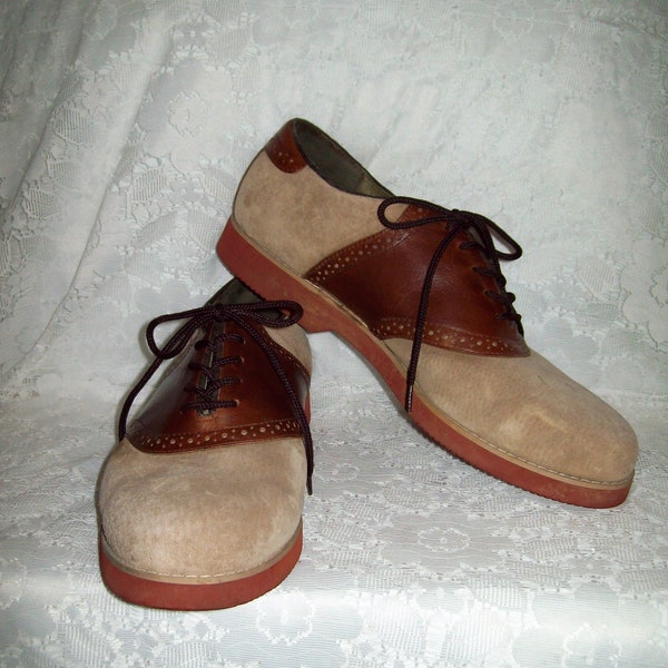 Vintage Men's Beige & Brown Suede Leather Saddle Shoes Oxfords by Hush Puppies Size 11 Only 24 USD