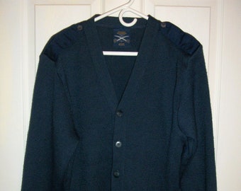 Vintage Navy Blue V Neck Cardigan Wool Blend Elbow Patch Sweater Military Equipment Corporation Mehlin Estey Size 40R Only 5.55 USD