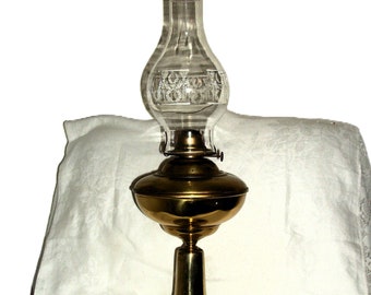 Antique Edwardian Brass base Oil Lamp 21" Tall Pedestal Base w Plume & Atwood Brass Eagle Burner Emergency Lighting for power outage 40 USD