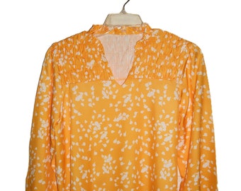 Vintage Yellow & White V Neck Blouse Ruched Smocked Pullover Top Women's Large Only 7.99 USD