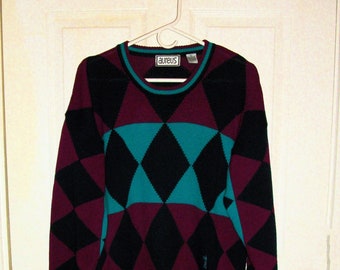 Vintage SWEATER Multicolor Argyle Pullover Jumper by Aureus Cosby Fresh Prince Coogi Style Large Only 12 USD