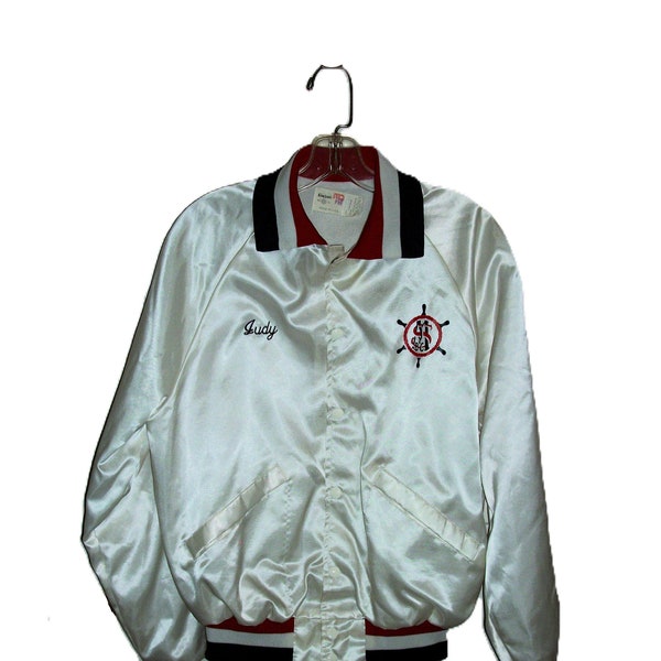 Vintage White Satin Windbreaker King Louie Jacket Judy embroidered on Front Made in USA Medium 40-42 Bowling Only 9.99 USD