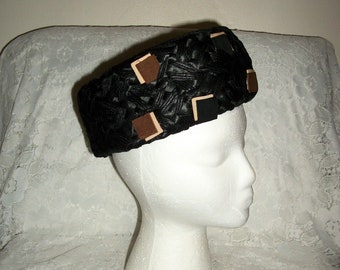 Vintage 1950s Black Tall Pillbox Woven Straw Toque Hat Beige & Brown Accent Trim by Rex Jr of New York Only 4.99 USD