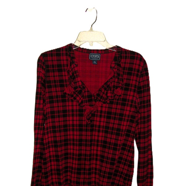 Vintage Red & Black Plaid V Neck Ruffled Blouse Cotton Knit Pullover Top by Chaps Women's Large Dark Academia Only 7 USD