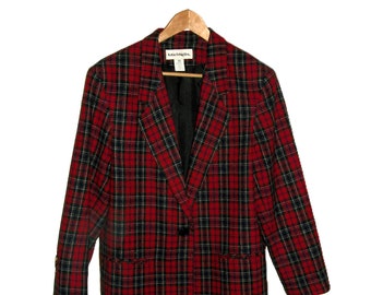 Vintage Red Plaid Blazer Wool Blend Jacket by Norton McNaughton Women's Large Size 16 Only 9 USD