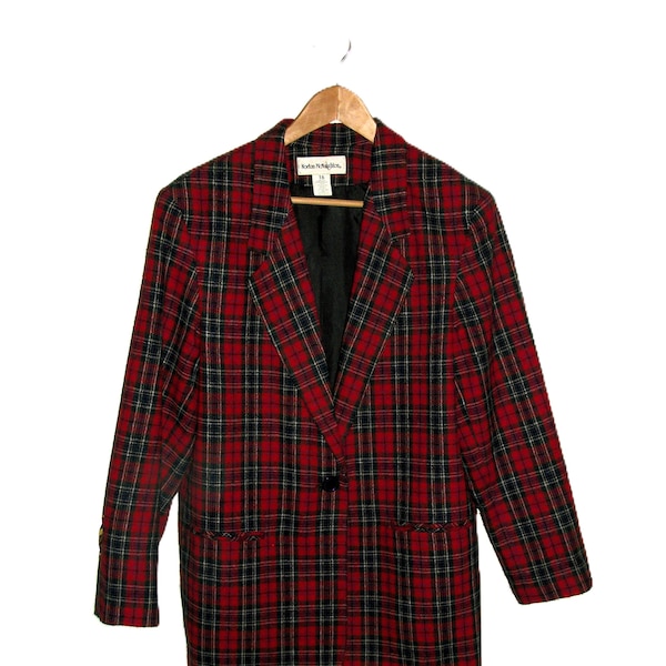 Vintage Red Plaid Blazer Wool Blend Jacket by Norton McNaughton Women's Large Size 16 Only 8 USD