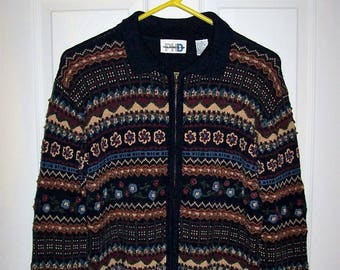 Vintage Ladies Navy Floral Print Zip Front Cardigan Sweater by Paul Harris Design Medium Only 9 USD
