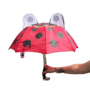 Vintage Red Lady Bug Rain Sun Travel Umbrella Metal & Plastic Frame Collapsible Parasol Wrist Strap Melanie embroidered on side Only 12 USD