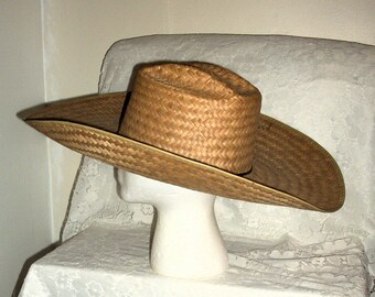 Vintage Cowboy Hat Woven Straw w Extra Wide Brim & narrow hatband Only 10 USD