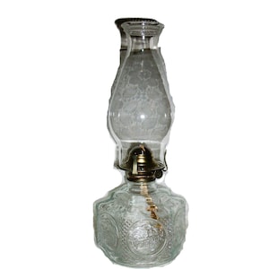 Vintage Oil Lamp Glass Hexagon Base w/ Brass Metal Burner and Clear Shade by Lamplight Farms Horse & Buggy Carriage Farm Print Only 22 USD
