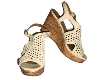 Vintage Open Toe Strappy Wedge Platform Sandals Woven Natural Jute by SO Women's Size 9 Only 9 USD