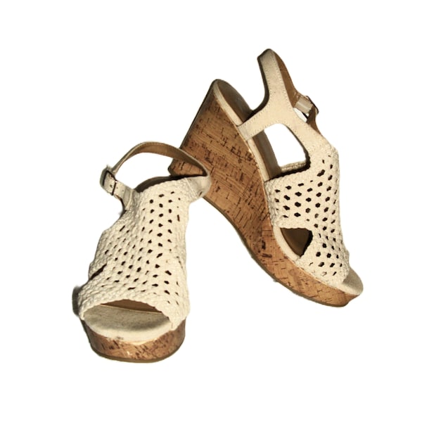 Vintage Open Toe Strappy Wedge Platform Sandals Woven Natural Jute by SO Women's Size 9 Only 9 USD