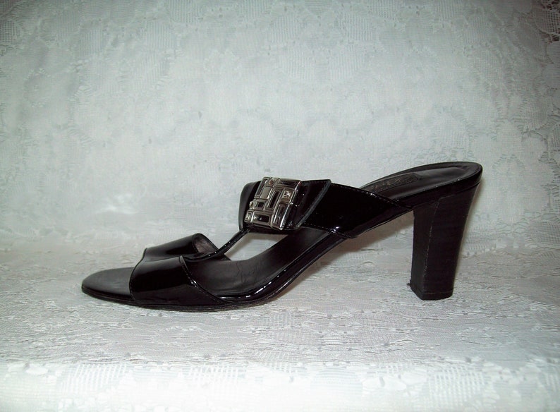 Vintage Ladies Black Patent Leather Open Toe Slides High Heel Sandals w Silver Trim by Brighton Size 7 12 Only 15 USD