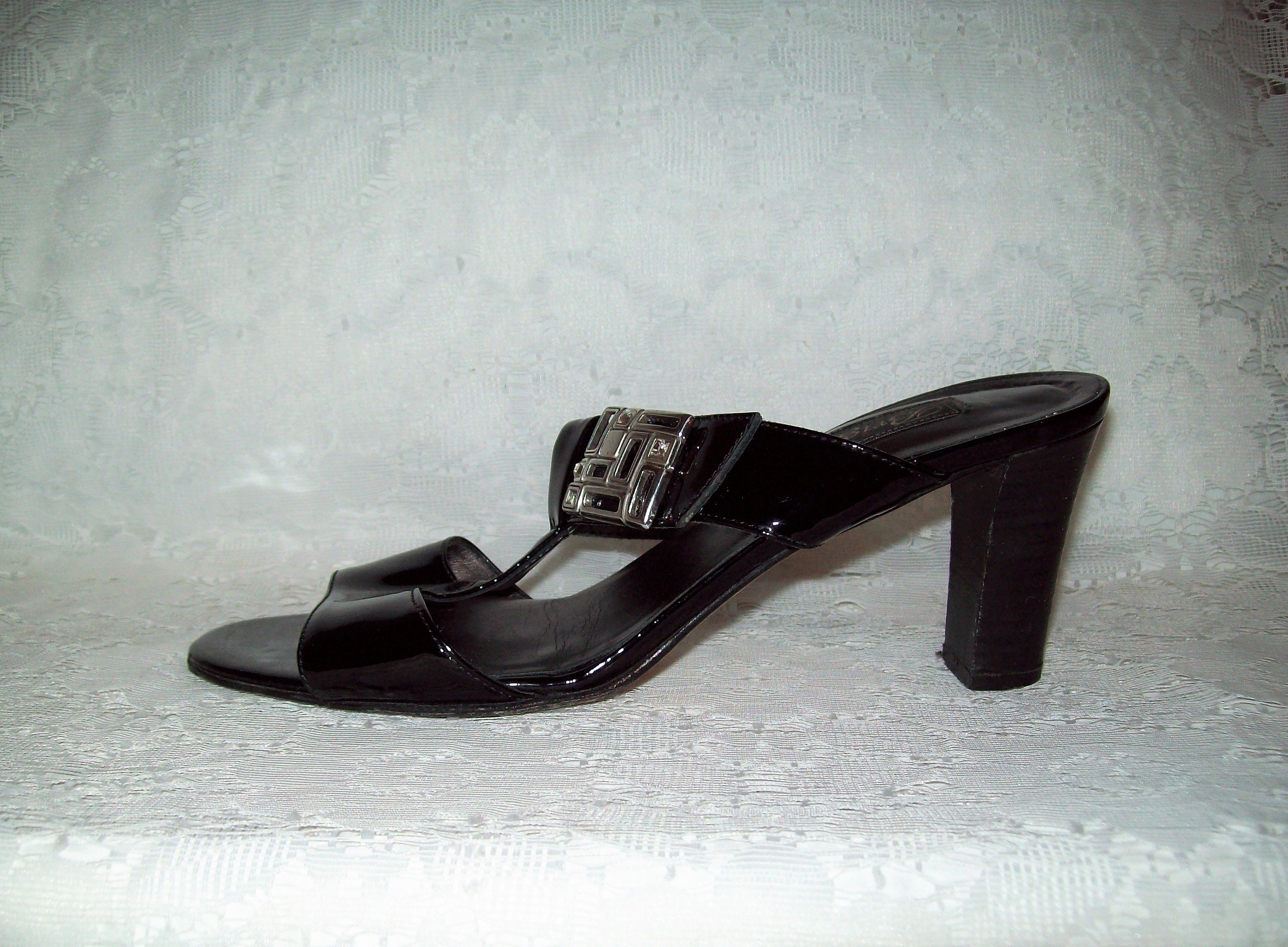 Vintage Ladies Black Patent Leather Open Toe Slides High Heel | Etsy