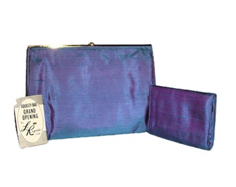 Vintage Lavender Blue Two Tone Shot Silk Taffeta Evening Bag Clutch with Matching Coin Purse by La Regale made in Hong Kong NOS Only 25 USD